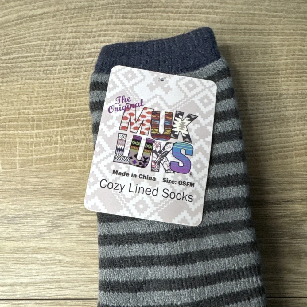 MUK LUKS Cozy Lined Socks Gray Striped One‎ Size Fits Most Lounge Comfy